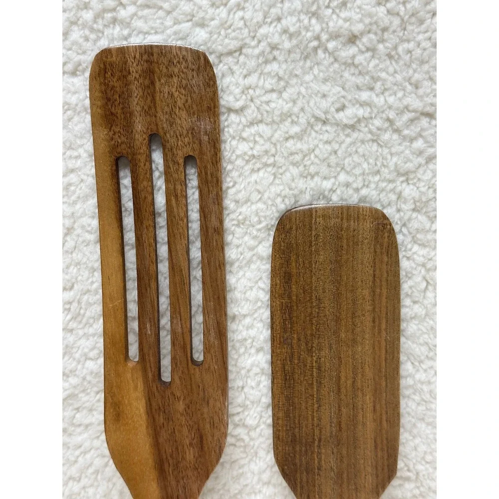 Wooden Utensil Kitchen Set of 2 One Slotted and One Solid Turner Spatulas Brown